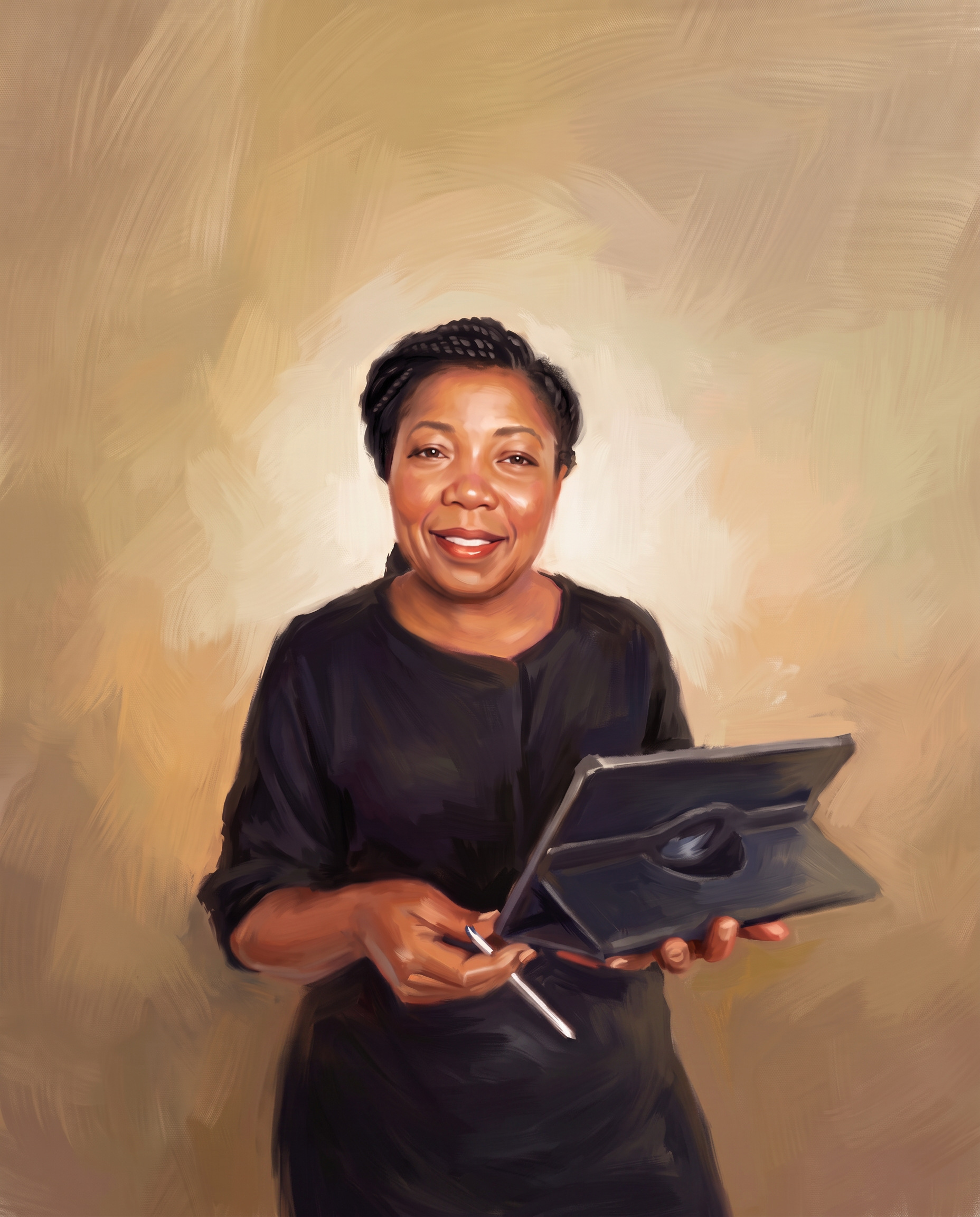 Painted portrait of Dee Yovonie, founder of ErgoCotton, holding a tablet and stylus