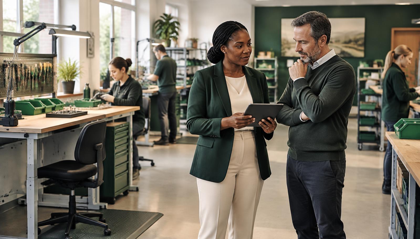 An occupational health and ergonomics specialist reviewing a small workplace with a manager