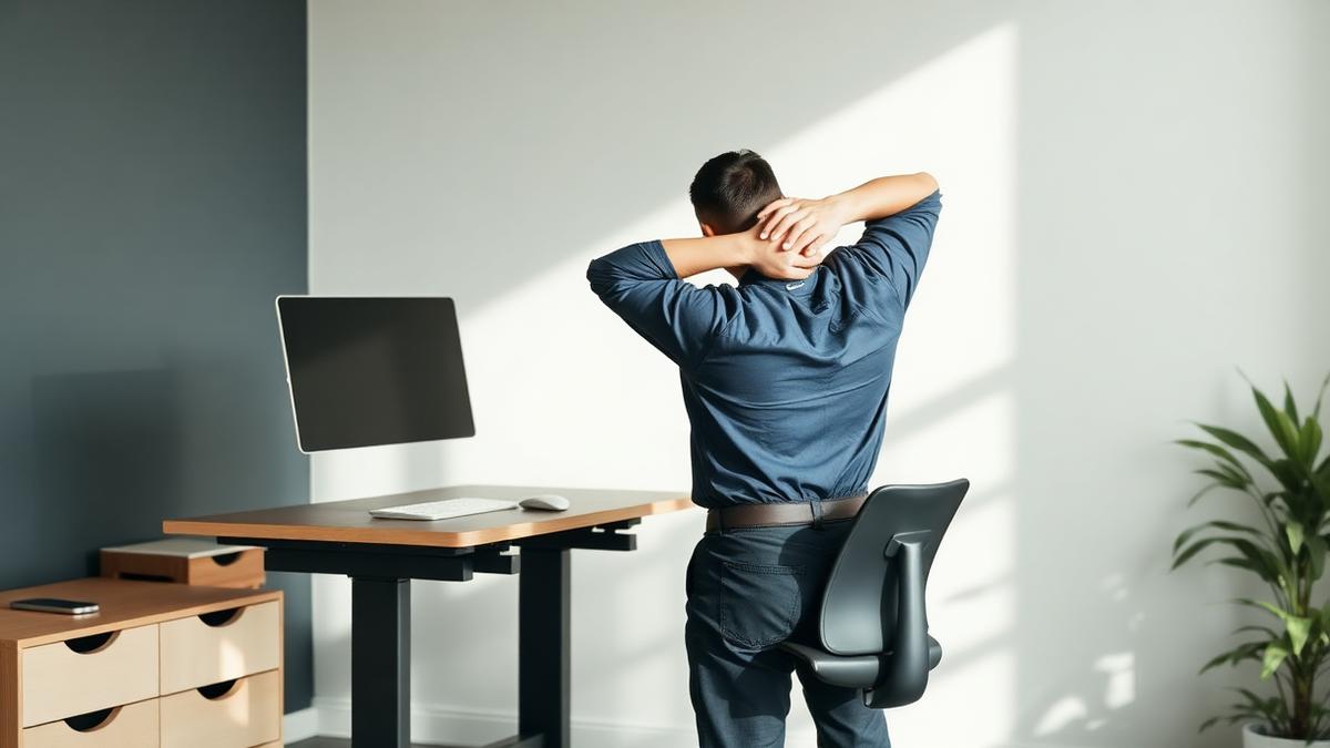 A person gently stretching their shoulders at a modern workstation in soft daylight